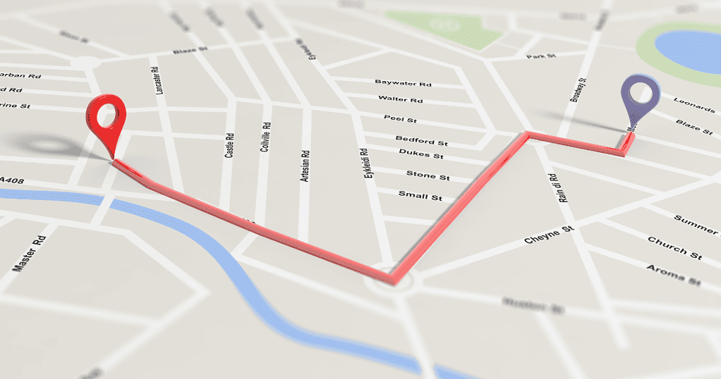 A map showing a route of travel with start and destination markers